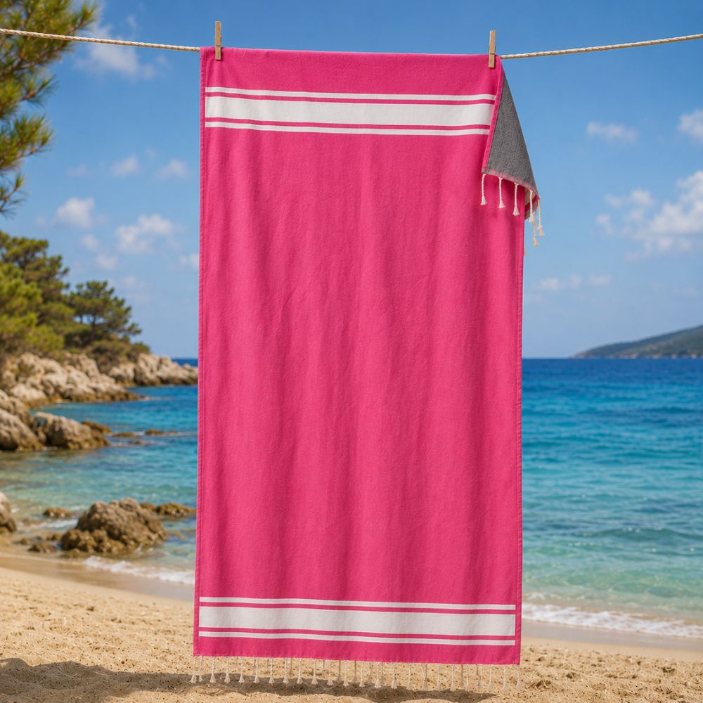 Fouta rose bonbon doublée éponge gris