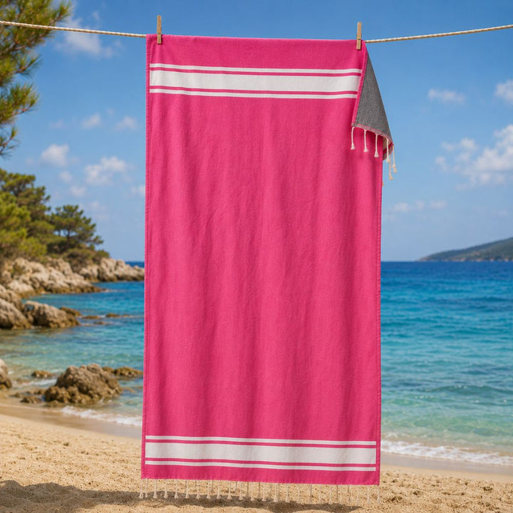 Fouta rose bonbon doublée éponge gris