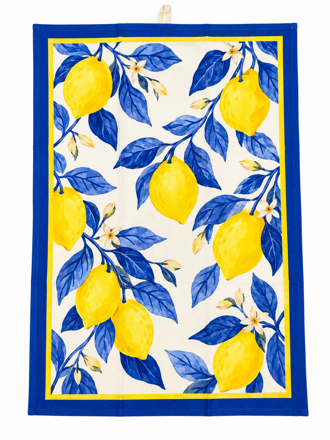 Torchon citrons jaunes et feuilles bleues déplié, 36x54 cm