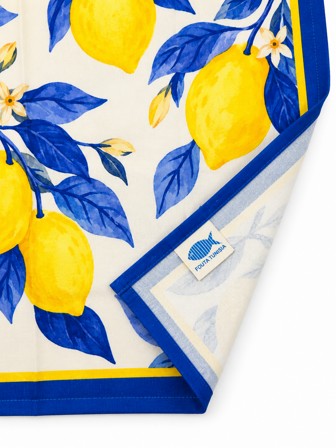 Revers, bordure et étiquette du torchon citrons bleus
