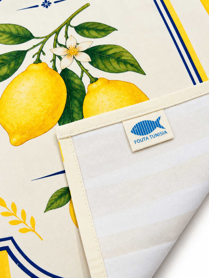 Canovaccio Dolce Vita con limoni — retro con etichetta Fouta Tunisia