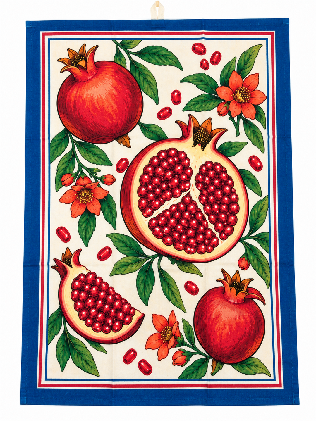 Torchon grenades rouges déplié, 36x54 cm