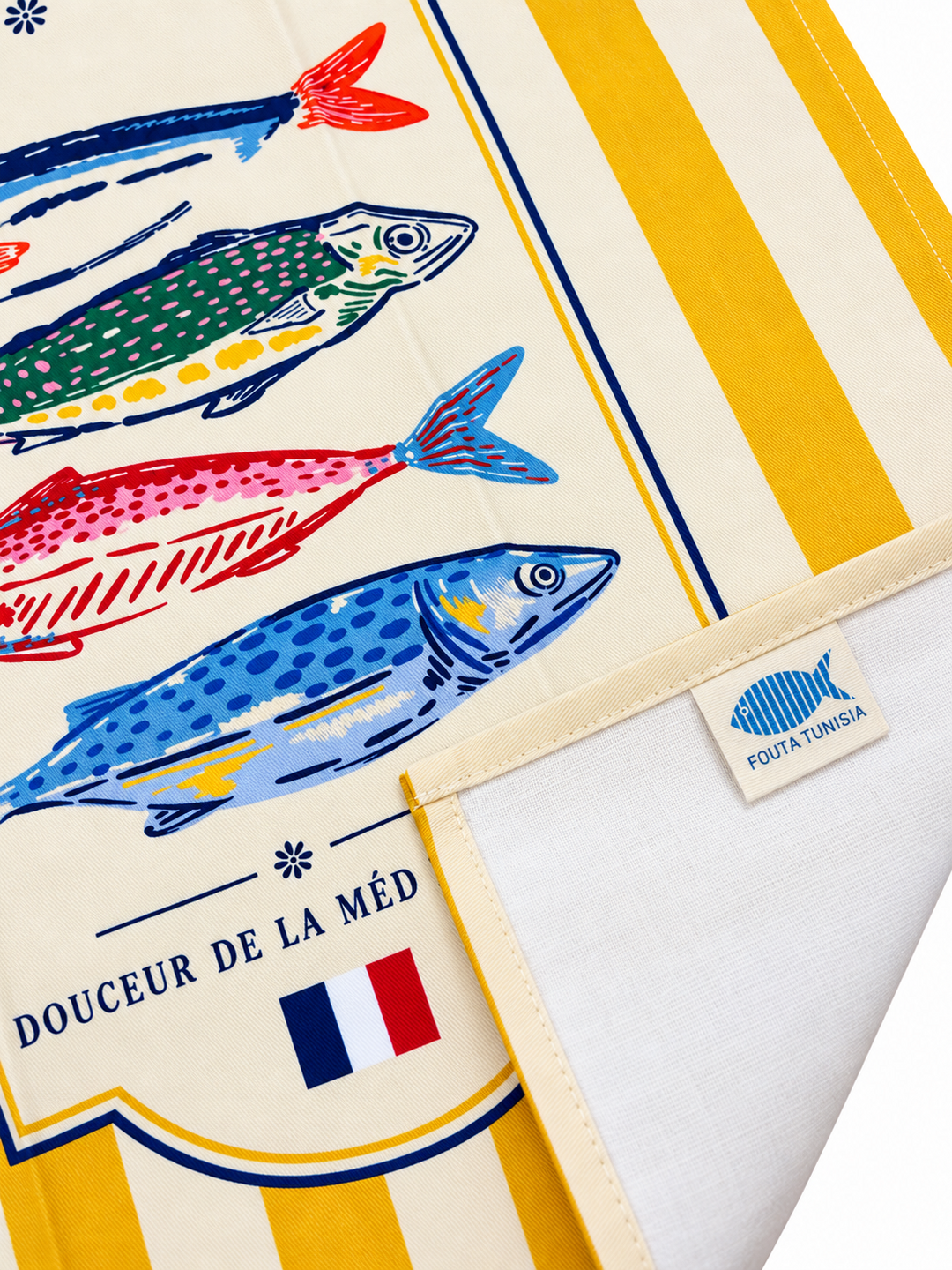 Revers et étiquette Fouta Tunisia du torchon Sardines