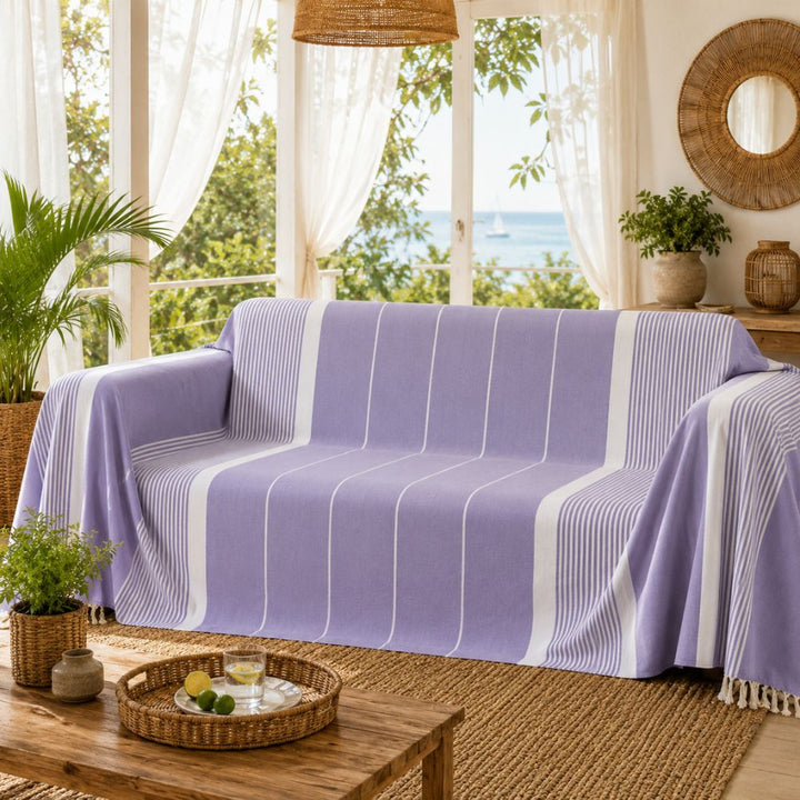 Toalla de playa grande lavanda violeta con rayas blancas