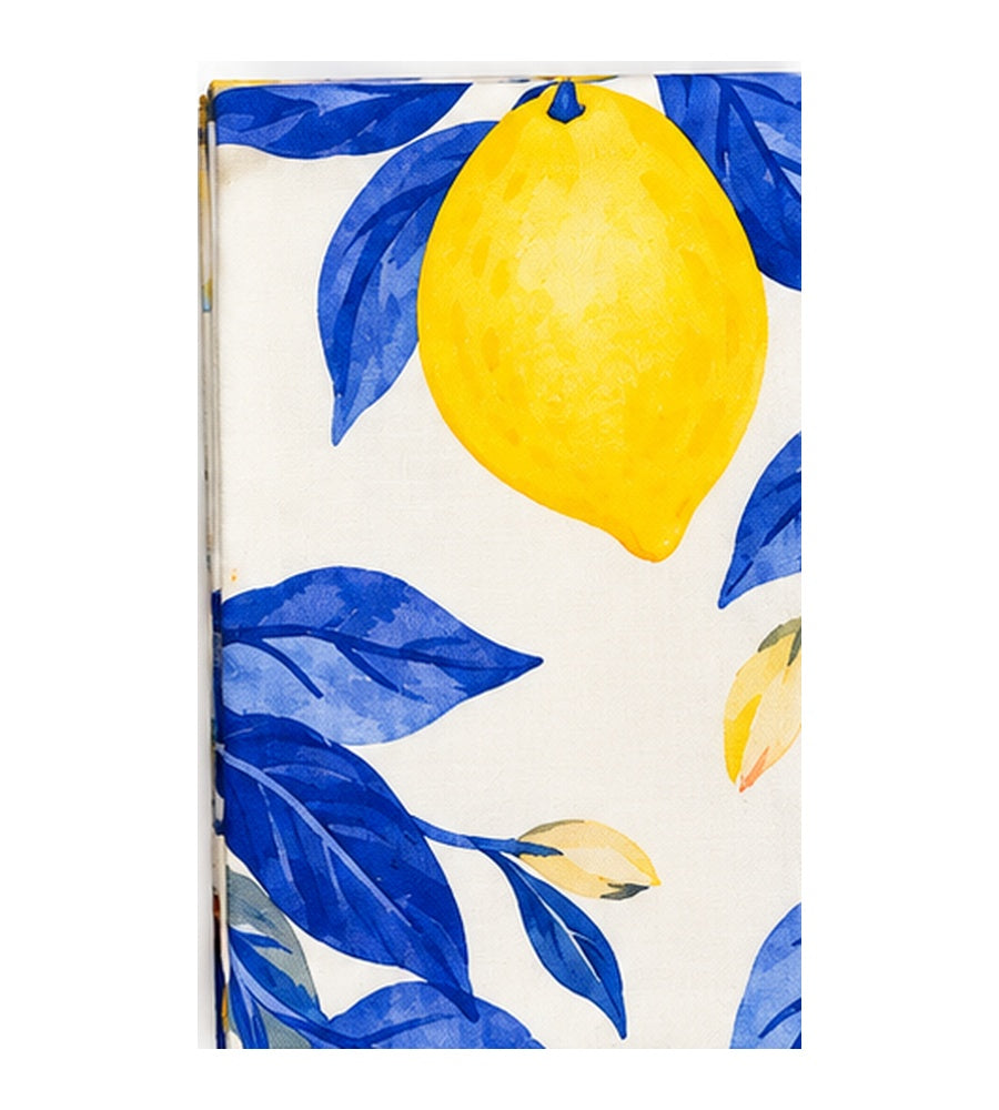 Torchon en coton crêpe – Citron et feuilles bleues – 100 % coton crêpe, 36x54 cm